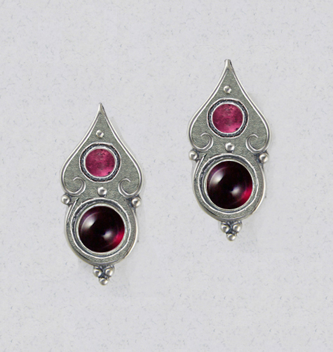 Sterling Silver Gothic Look Post Stud Earrings With Garnet And Pink Tourmaline